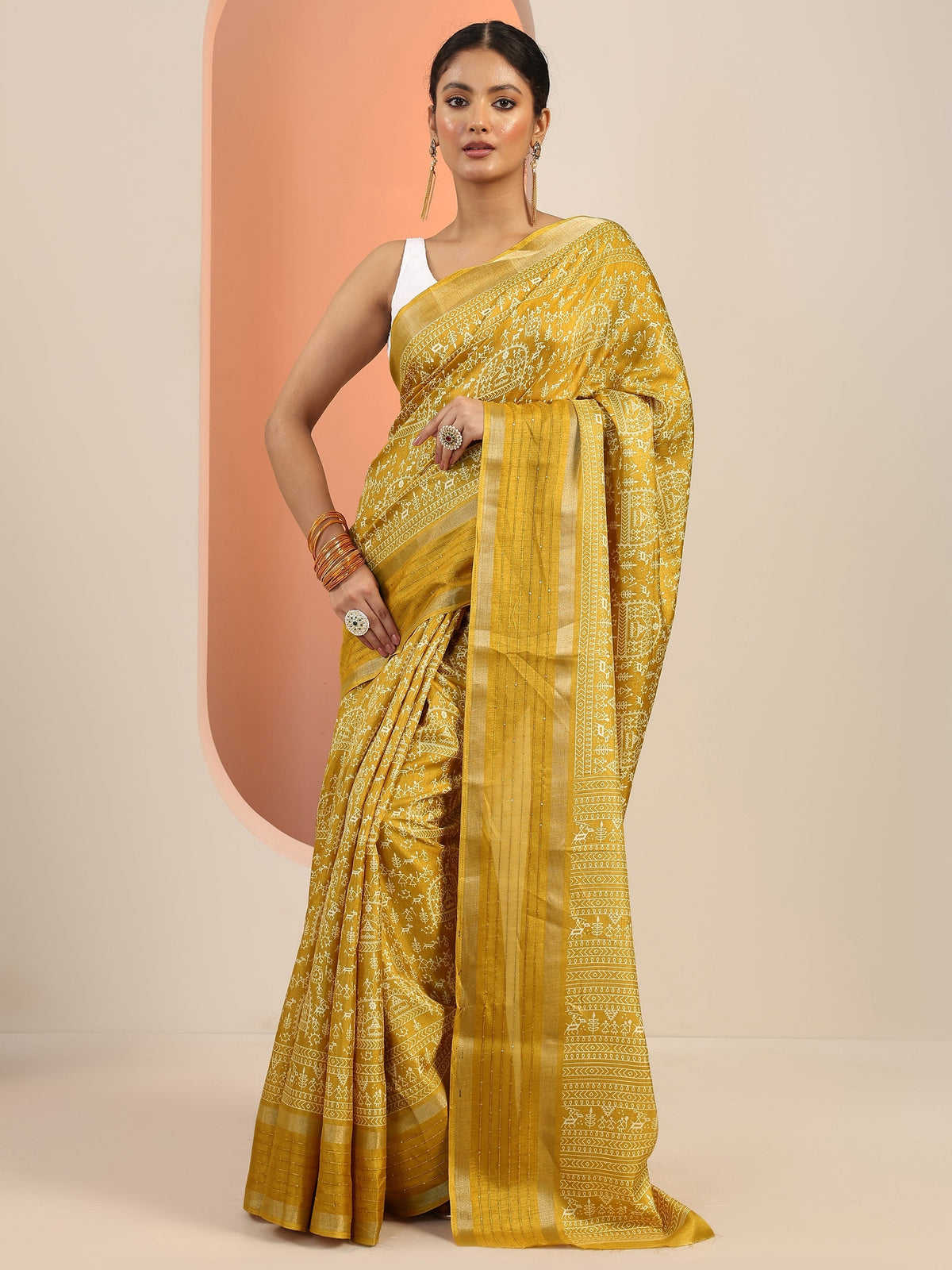Libas Mustard Printed Silk Blend Saree With Unstitched Blouse Piece
