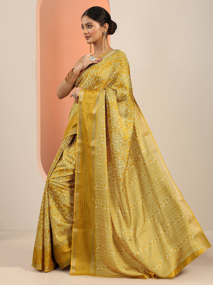 Libas Mustard Printed Silk Blend Saree With Unstitched Blouse Piece