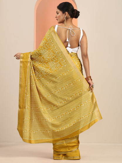 Libas Mustard Printed Silk Blend Saree With Unstitched Blouse Piece