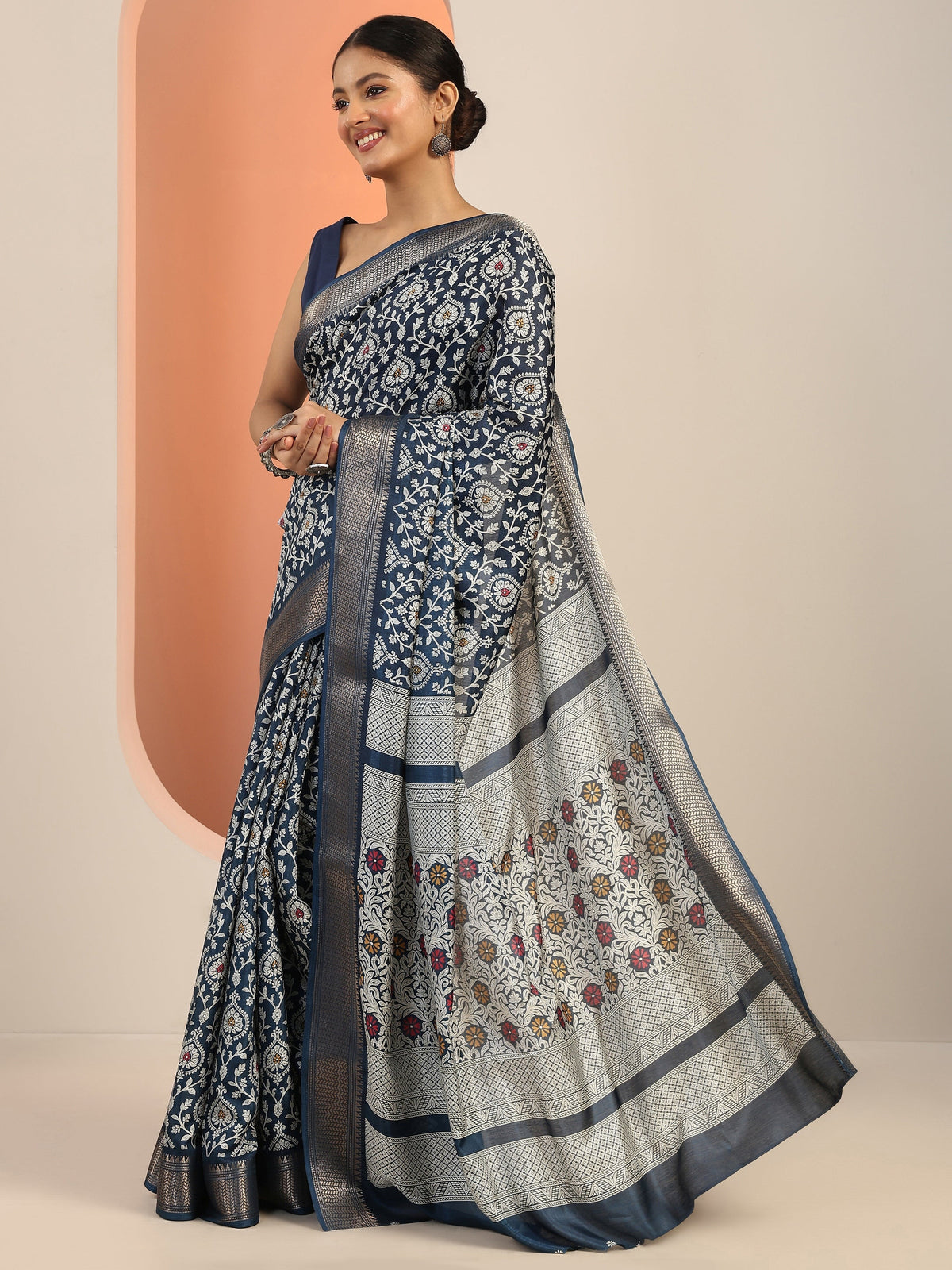Libas Navy Blue Printed Silk Blend Saree With Unstitched Blouse Piece