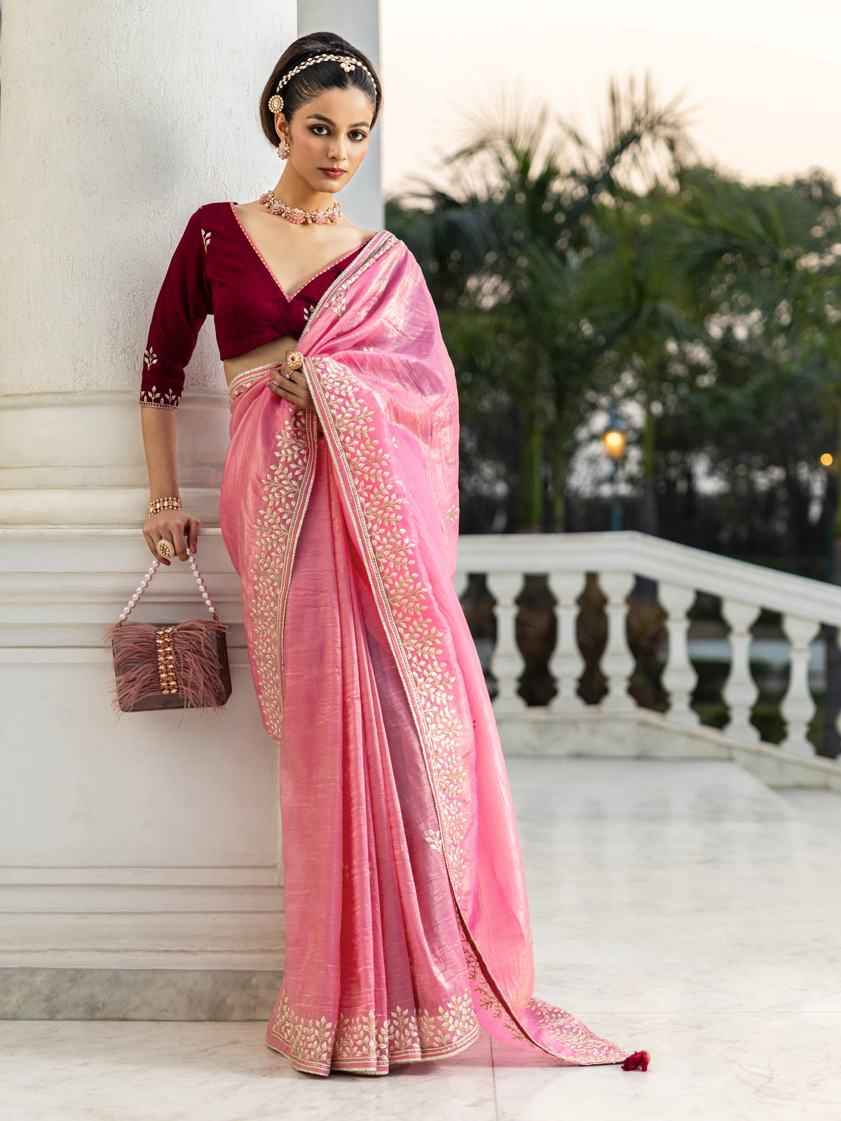 Libas Pink Embroidered Organza Saree With Unstitched Blouse Piece