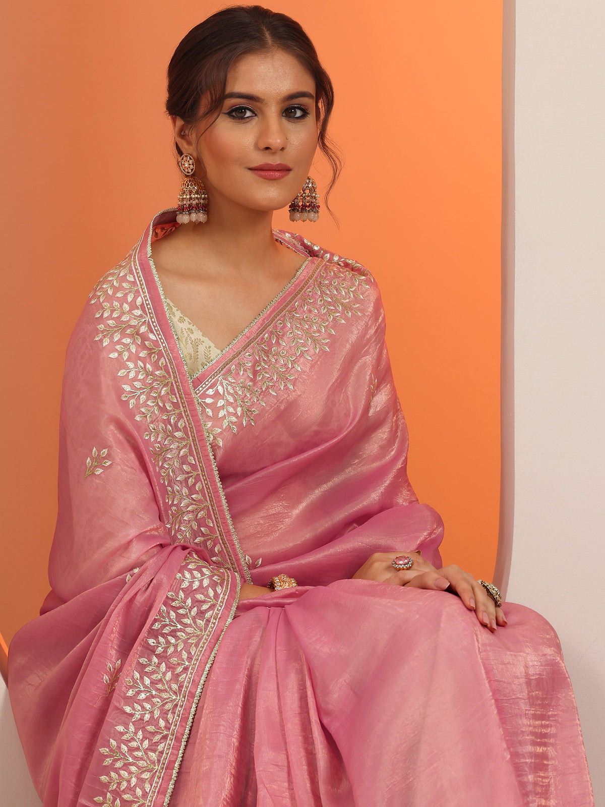 Libas Pink Embroidered Organza Saree With Unstitched Blouse Piece