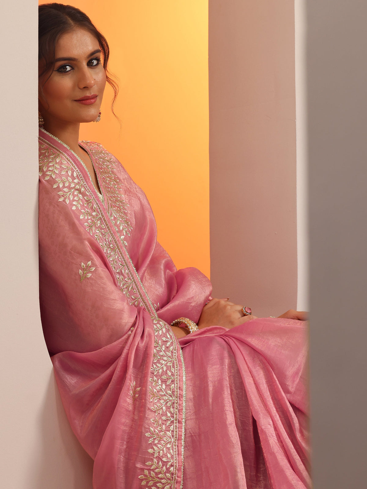 Libas Pink Embroidered Organza Saree With Unstitched Blouse Piece