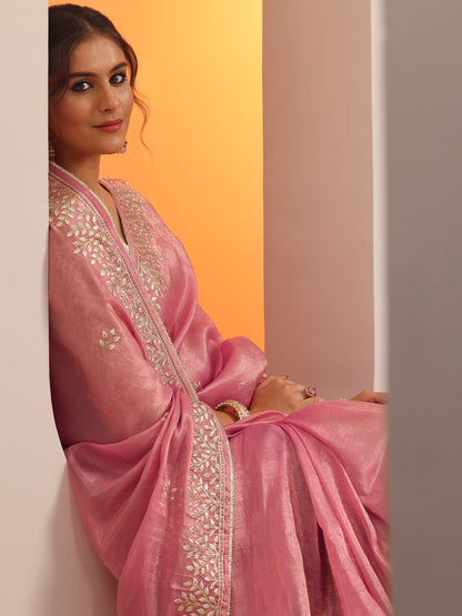 Libas Pink Embroidered Organza Saree With Unstitched Blouse Piece