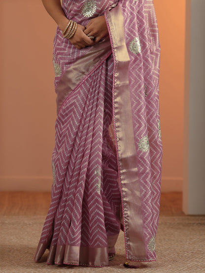 Libas Mauve Bandhani Printed Nylon Saree With Unstitched Blouse Piece