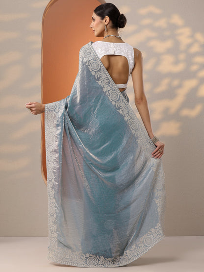 Libas Blue Embellished Organza Saree With Unstitched Blouse Piece