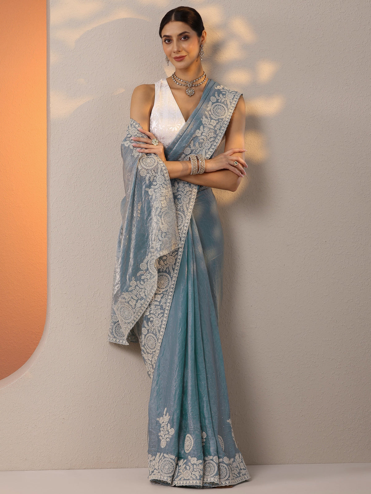 Libas Blue Embellished Organza Saree With Unstitched Blouse Piece