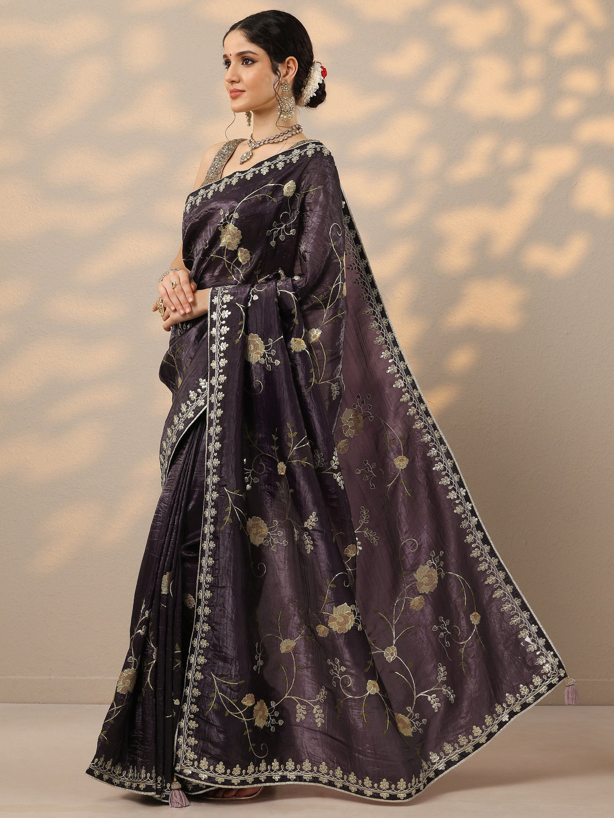 Libas Purple Embroidered Organza Saree With Unstitched Blouse Piece