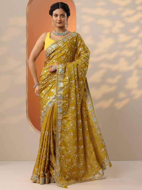 Libas Mustard Embroidered Satin Saree With Unstitched Blouse Piece