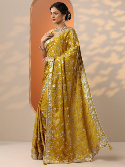 Libas Mustard Embroidered Satin Saree With Unstitched Blouse Piece