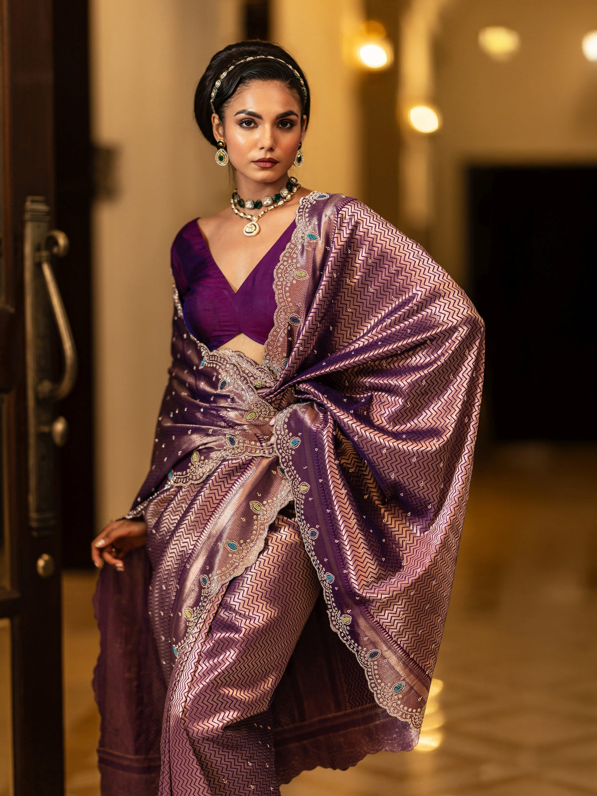 Libas Purple Woven Design Banarasi Silk Blend Saree With Unstitched Blouse Piece