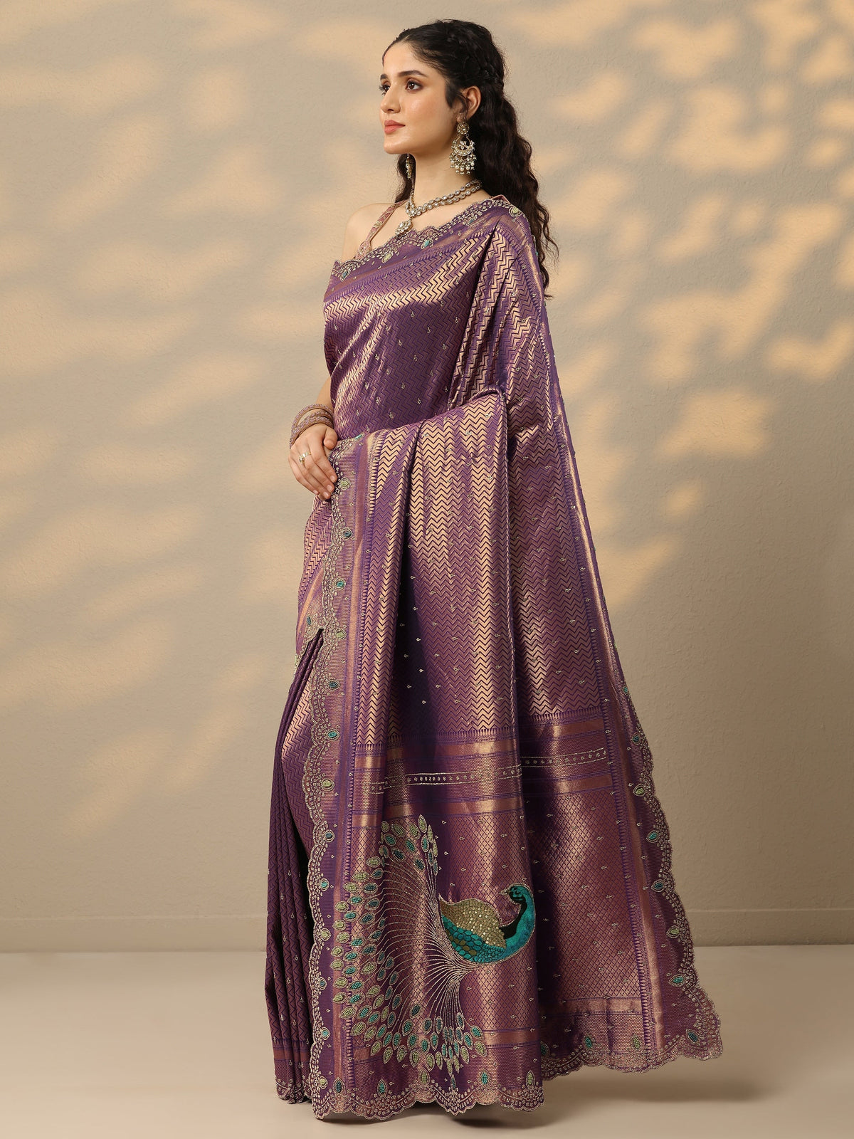 Libas Purple Woven Design Banarasi Silk Blend Saree With Unstitched Blouse Piece