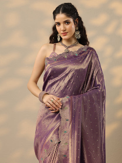 Libas Purple Woven Design Banarasi Silk Blend Saree With Unstitched Blouse Piece