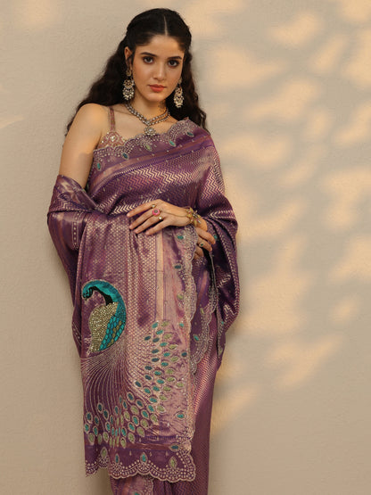 Libas Purple Woven Design Banarasi Silk Blend Saree With Unstitched Blouse Piece
