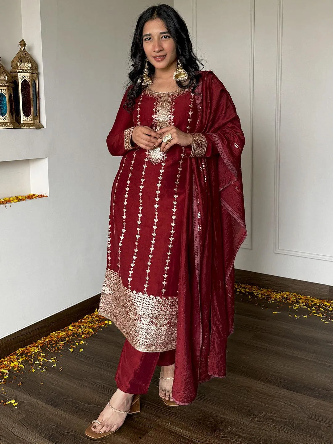 Libas Maroon Embroidered Silk Straight Suit With Dupatta