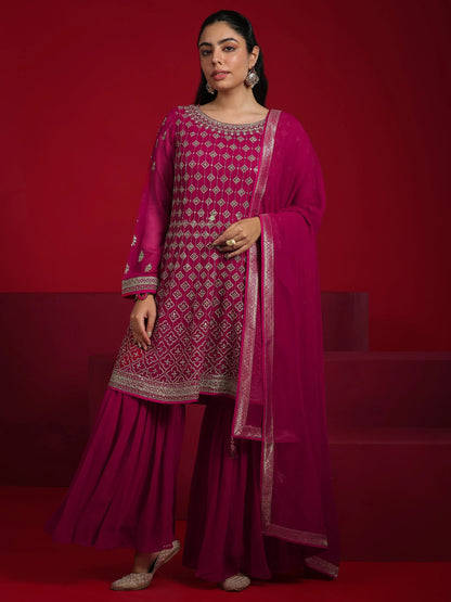 Libas Pink Embroidered Georgette A-Line Sharara Suit Set With Dupatta