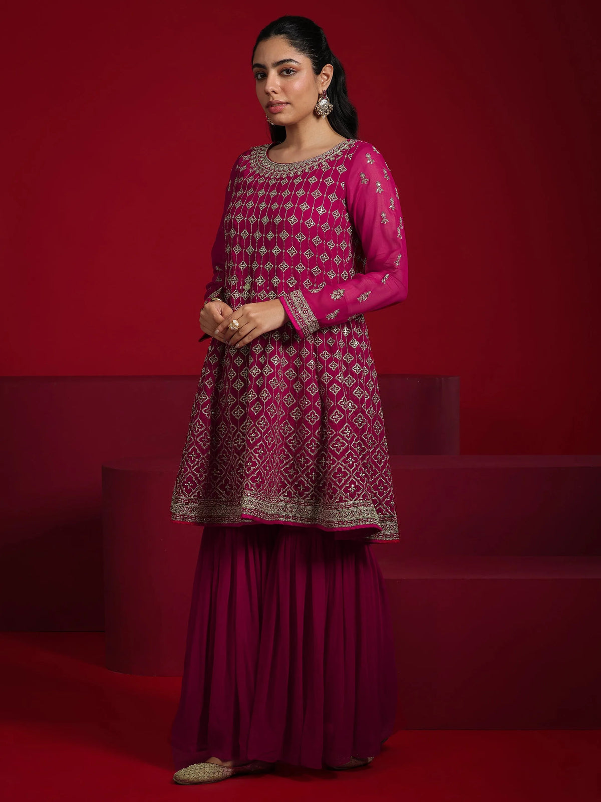 Libas Pink Embroidered Georgette A-Line Sharara Suit Set With Dupatta