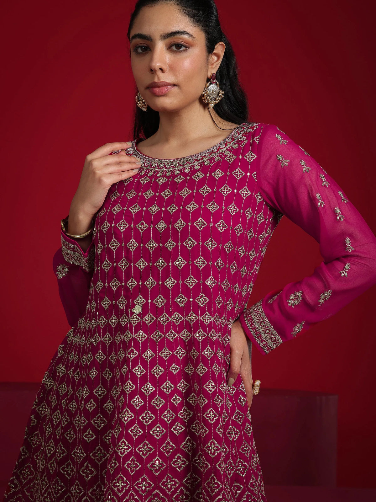 Libas Pink Embroidered Georgette A-Line Sharara Suit Set With Dupatta
