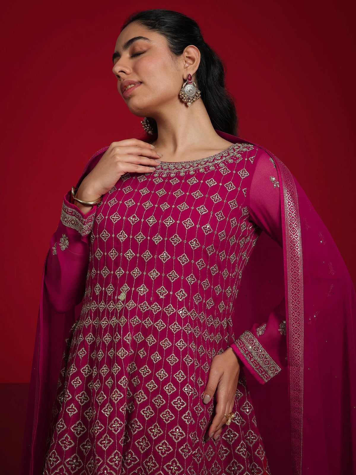 Libas Pink Embroidered Georgette A-Line Sharara Suit Set With Dupatta
