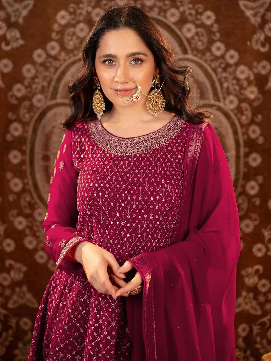 Libas Hot Pink Embroidered Georgette A-Line Sharara Suit Set With Dupatta
