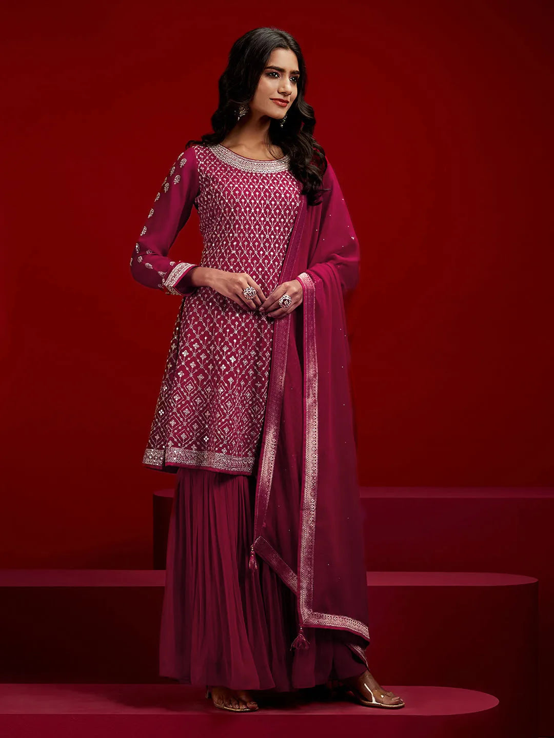 Libas Hot Pink Embroidered Georgette A-Line Sharara Suit Set With Dupatta