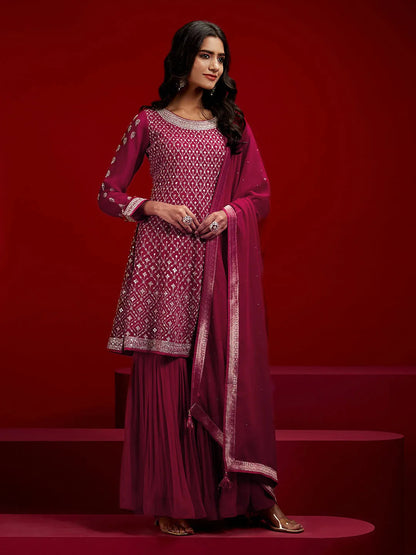 Libas Hot Pink Embroidered Georgette A-Line Sharara Suit Set With Dupatta