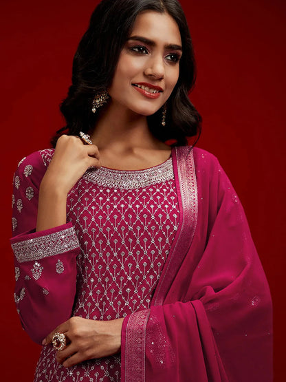 Libas Hot Pink Embroidered Georgette A-Line Sharara Suit Set With Dupatta
