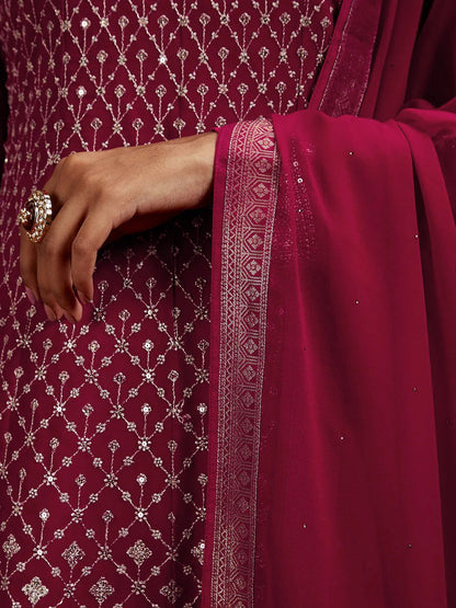 Libas Hot Pink Embroidered Georgette A-Line Sharara Suit Set With Dupatta