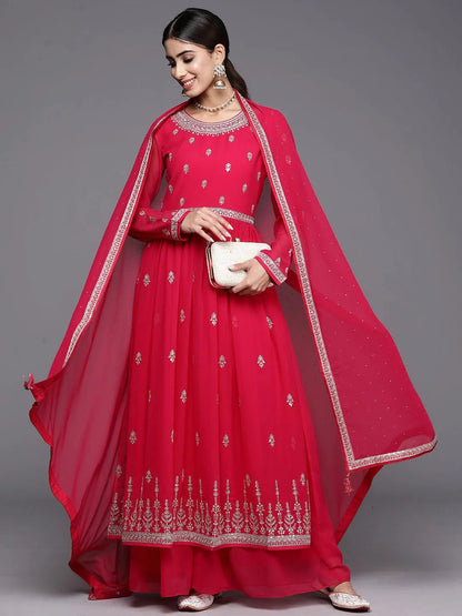 Libas Hot Pink Embroidered Georgette A-Line Kurta With Palazzos & Dupatta