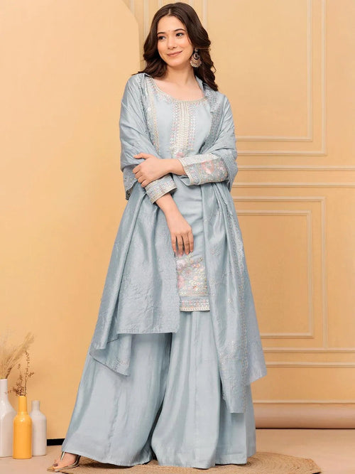 Libas Art Blue Embroidered Silk Blend Straight Suit With Dupatta