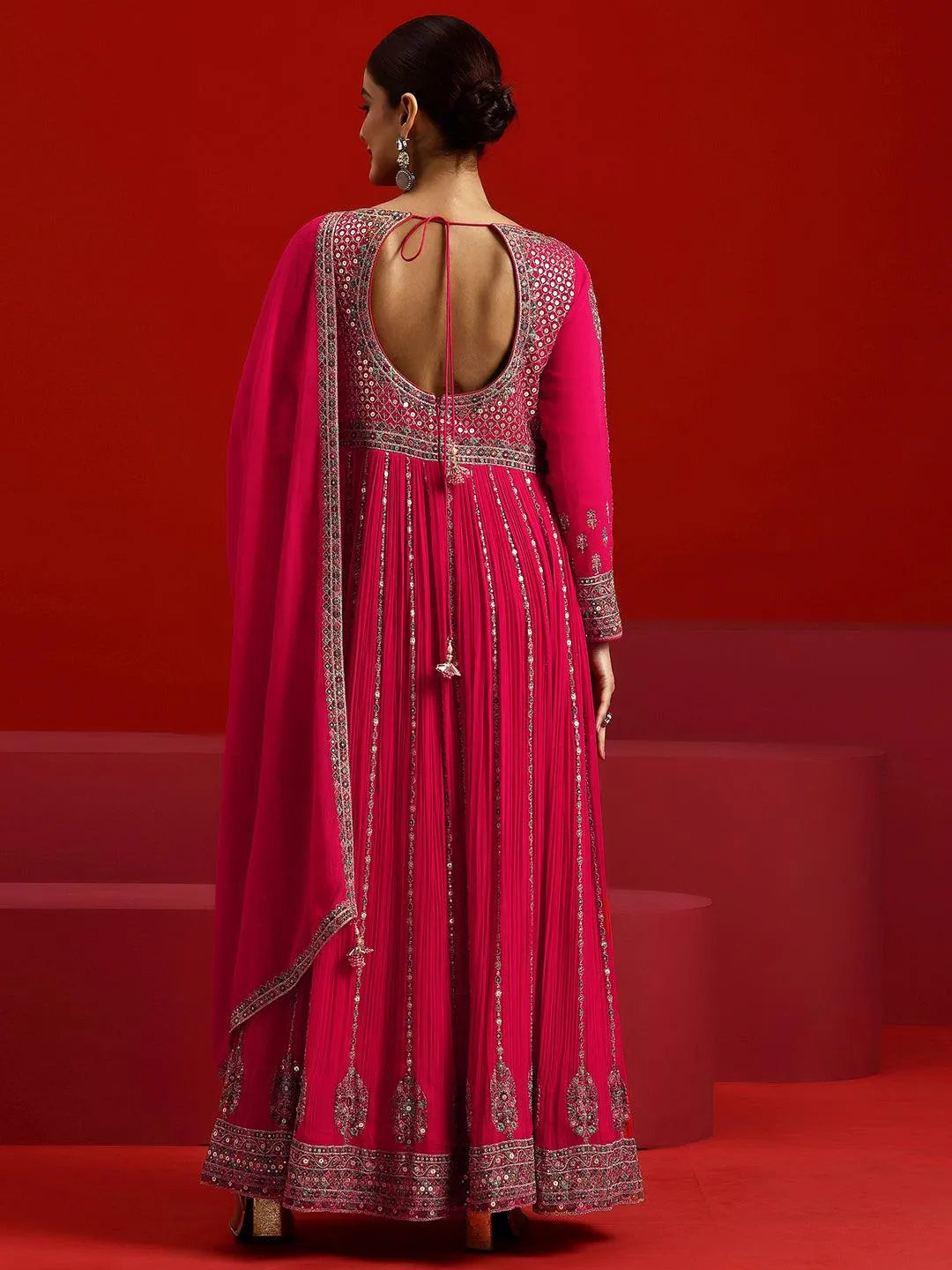 Libas Art Pink Embroidered Georgette A-Line Kurta With Trousers & Dupatta