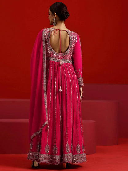 Libas Art Pink Embroidered Georgette A-Line Kurta With Trousers & Dupatta