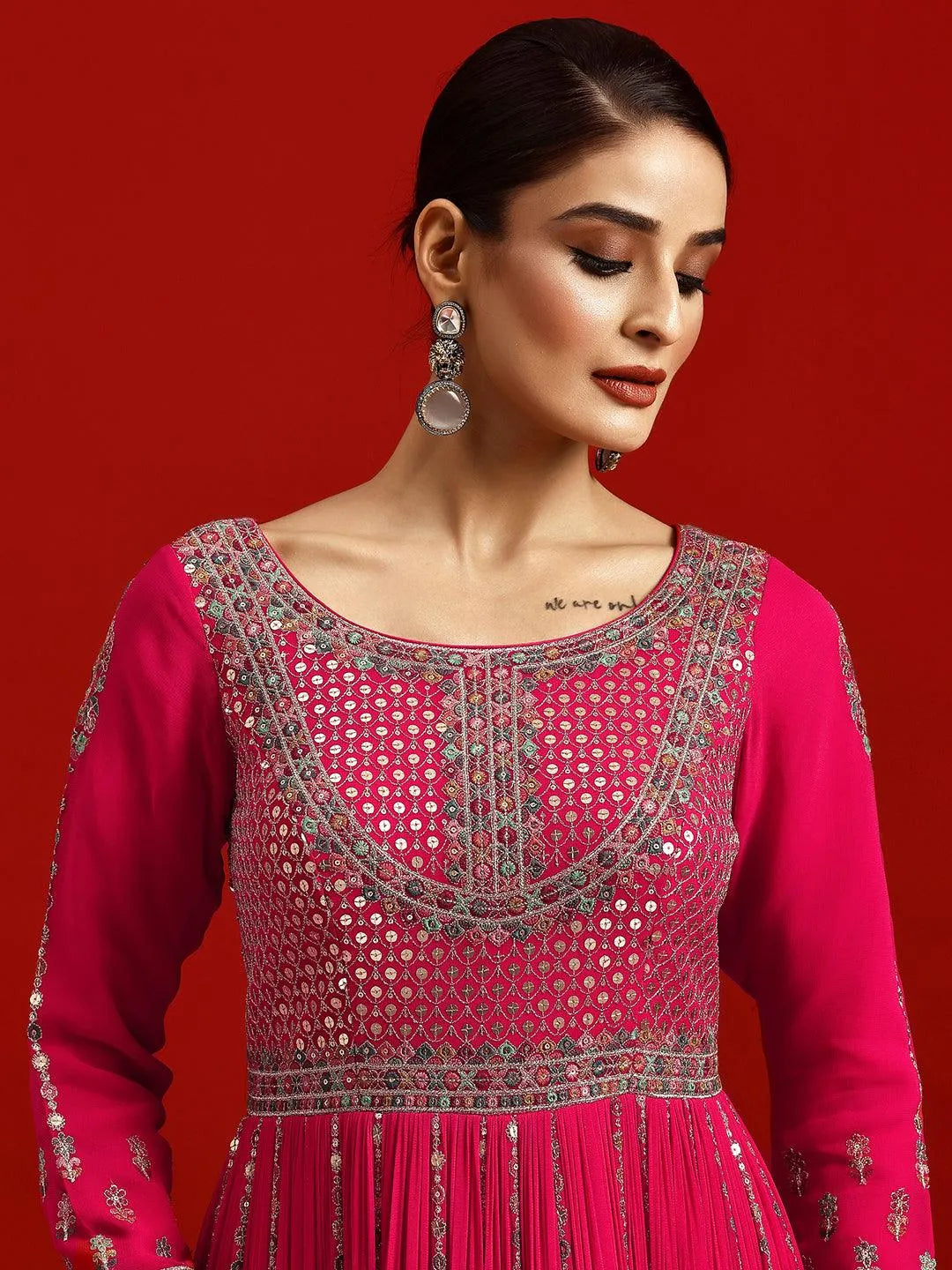 Libas Art Pink Embroidered Georgette A-Line Kurta With Trousers & Dupatta