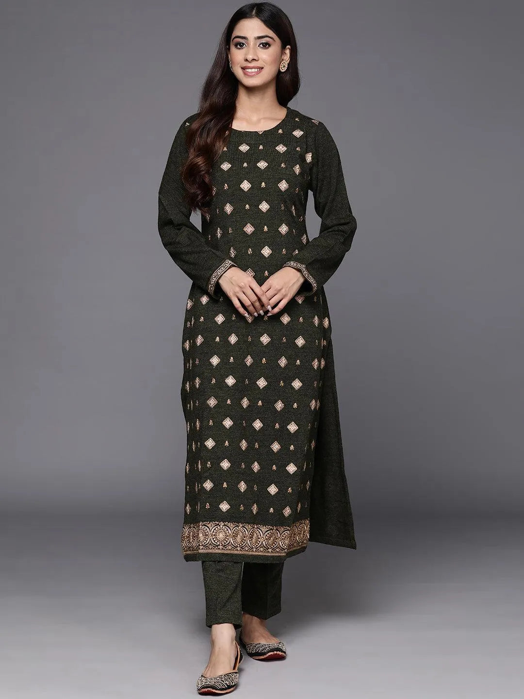 Libas Olive Embroidered Wool Straight Kurta Set