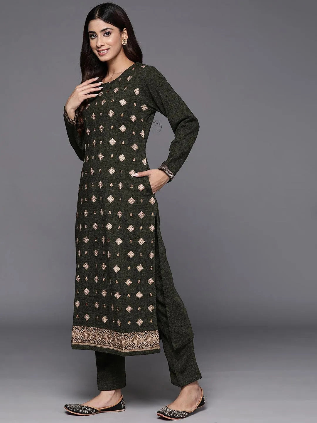 Libas Olive Embroidered Wool Straight Kurta Set