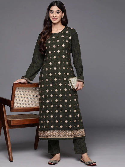 Libas Olive Embroidered Wool Straight Kurta Set