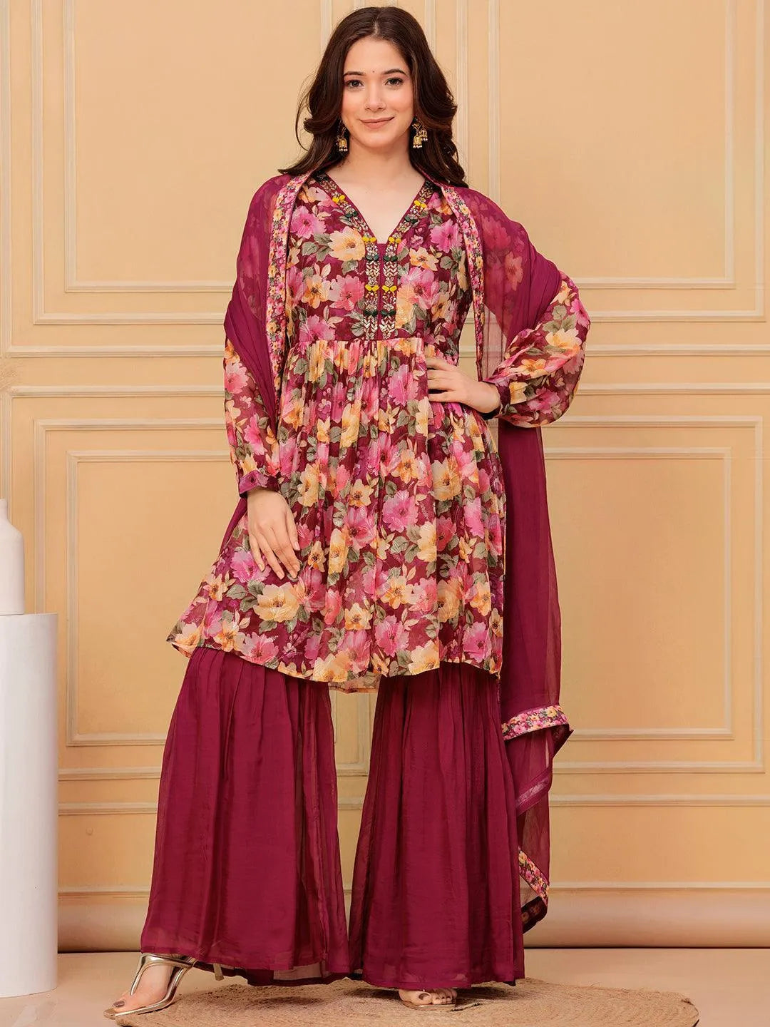 Libas Maroon Printed Organza A-Line Sharara Suit Set With Dupatta