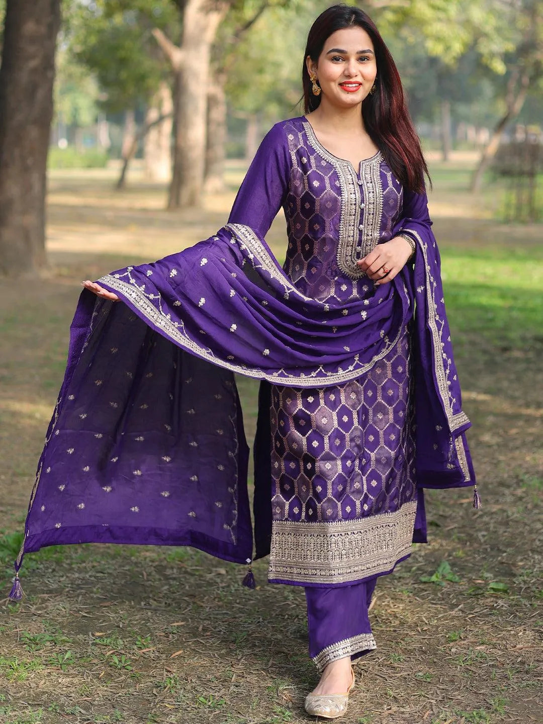 Libas Purple Woven Design Silk Blend Straight Suit With Dupatta