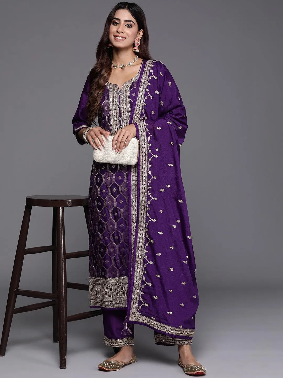 Libas Purple Woven Design Silk Blend Straight Suit With Dupatta