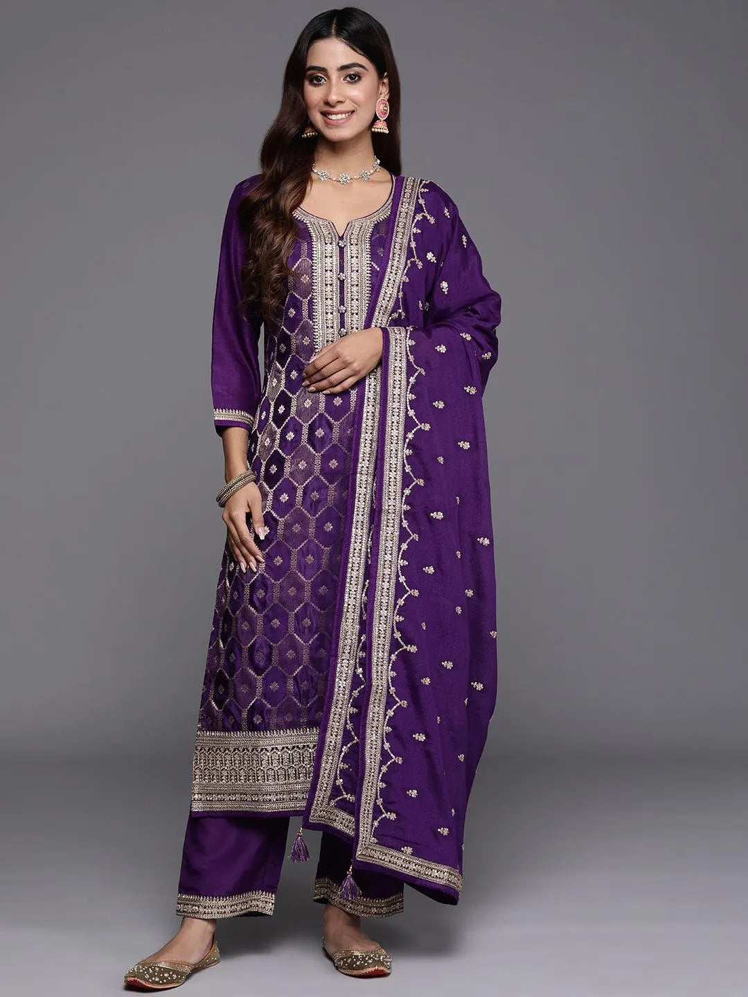 Libas Purple Woven Design Silk Blend Straight Suit With Dupatta