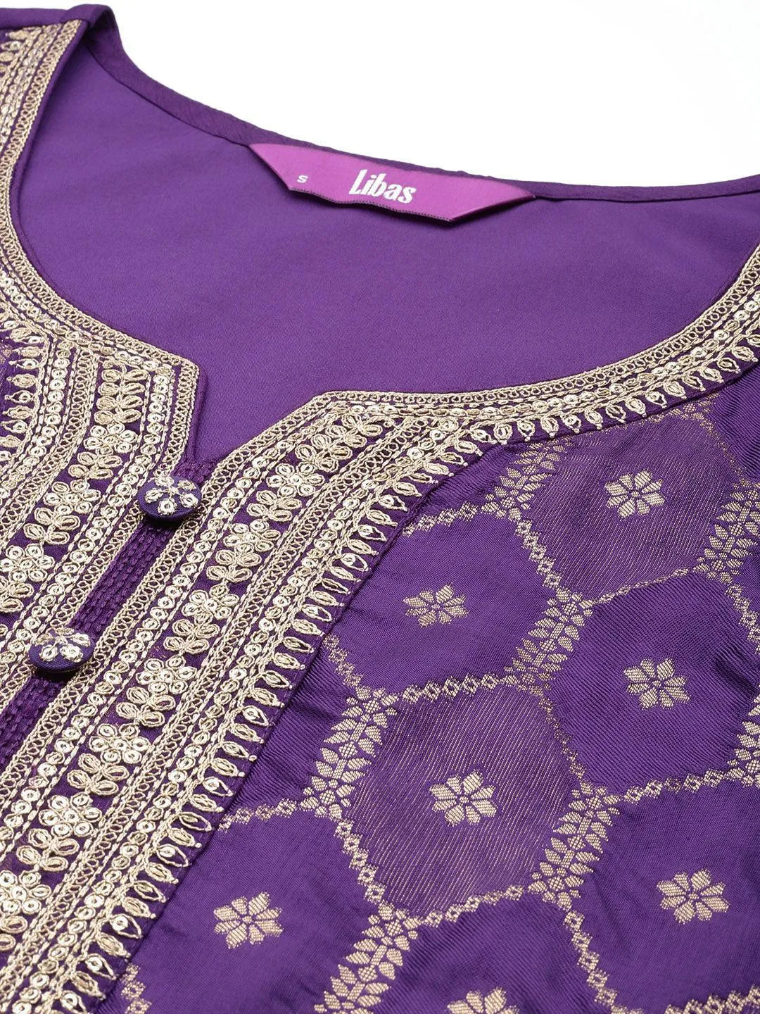 Libas Purple Woven Design Silk Blend Straight Suit With Dupatta