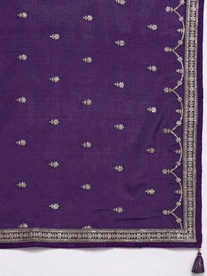 Libas Purple Woven Design Silk Blend Straight Suit With Dupatta