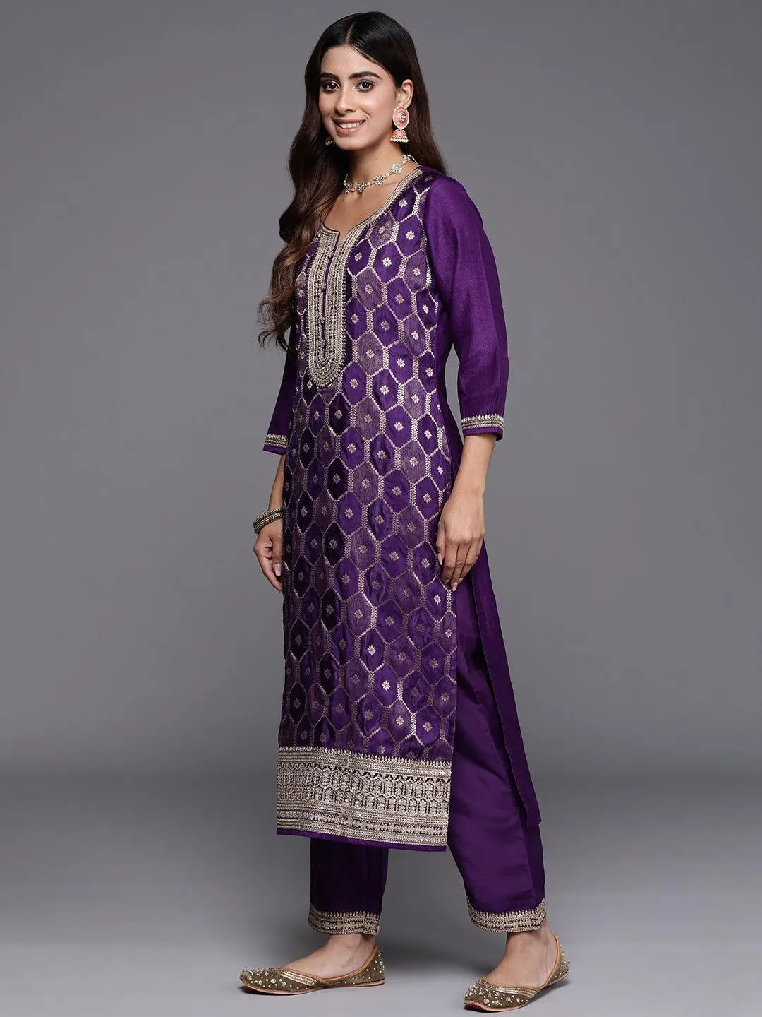 Libas Purple Woven Design Silk Blend Straight Suit With Dupatta