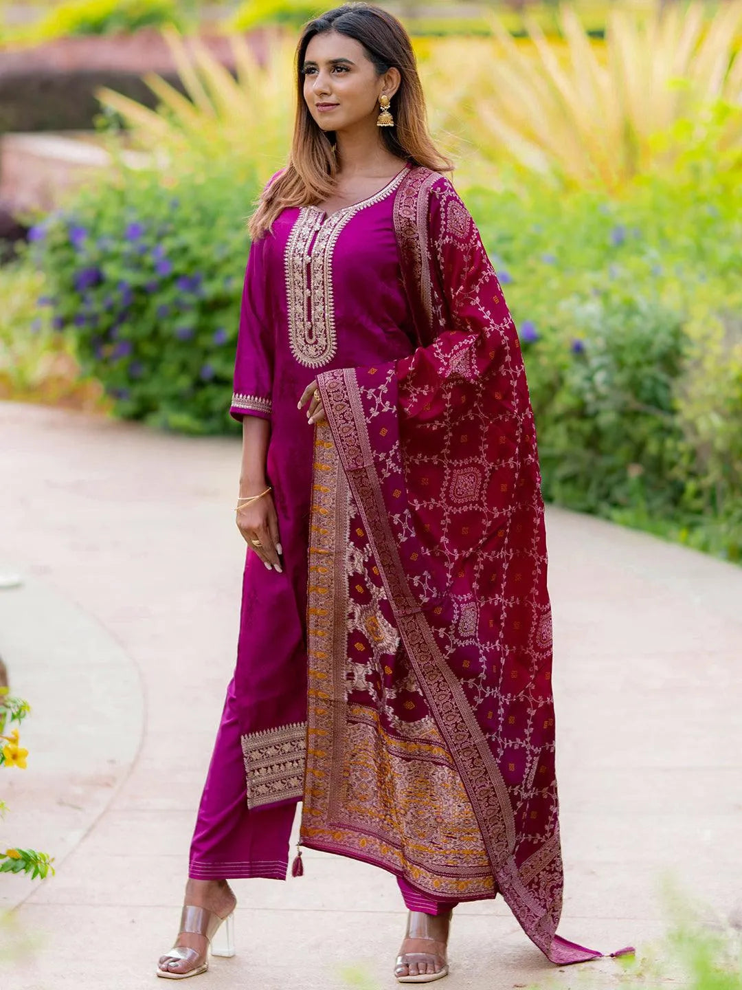 Libas Maroon Yoke Design Silk Blend Straight Suit With Dupatta