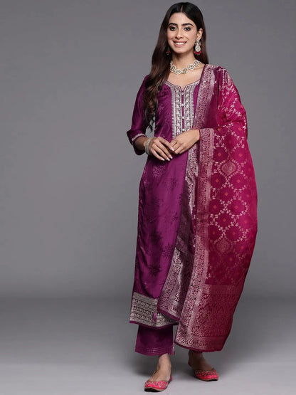Libas Maroon Yoke Design Silk Blend Straight Suit With Dupatta