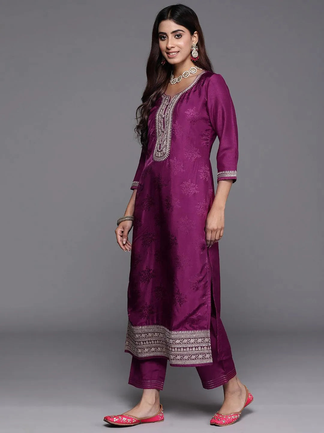 Libas Maroon Yoke Design Silk Blend Straight Suit With Dupatta