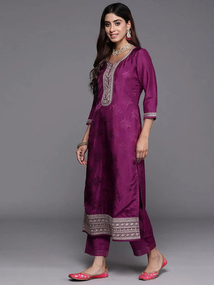 Libas Maroon Yoke Design Silk Blend Straight Suit With Dupatta