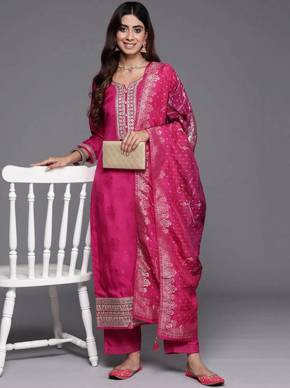 Libas Pink Yoke Design Silk Blend Straight Suit With Dupatta