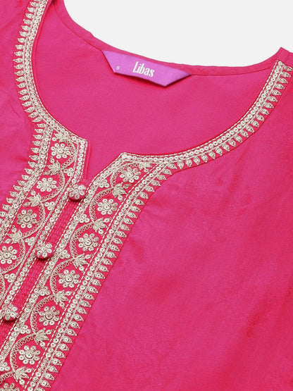 Libas Pink Yoke Design Silk Blend Straight Suit With Dupatta