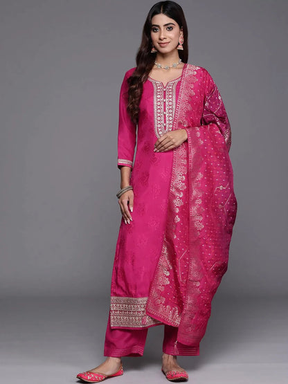 Libas Pink Yoke Design Silk Blend Straight Suit With Dupatta